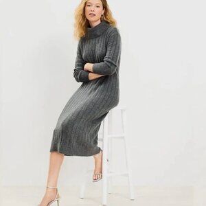 LOFT Ribbed Turtleneck Midi Sweater Dress MEDIUM Gray